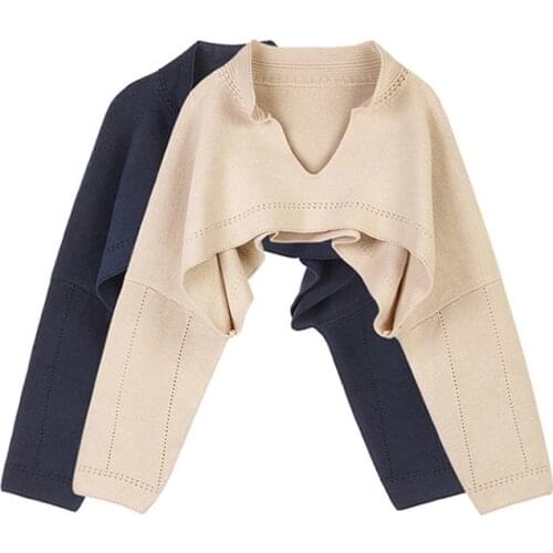 2021 Fall Women V Neck Short Apricot Sweater Pullover Fashion Korean Long Sleeve Pullover Solid Cotton Knitted Crop Sweater Tops