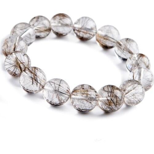 14mm Brazil Natural Rutilated Quartz Bracelets Healing Crystal Stretch Clear Round Bead Bracelet Women Men