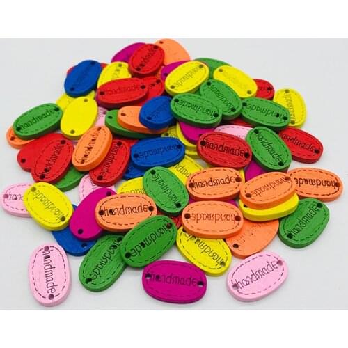50pcs 20x12mm Mixed Wood Oval Handmade Connectors Tag Label Rectangle Shaped Embellishments Ornaments Crafts With 2 Hole Button