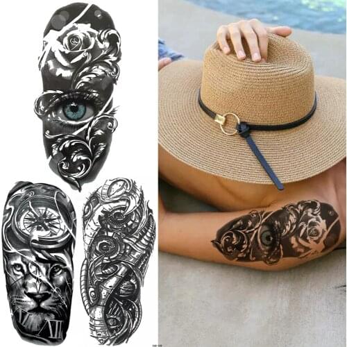 Large Eyes Totem Fake Temporary Tattoo For Men Women Flower Tiger Clock Tattoos DIY Mechanical Arm Waterproof Tatoo Legs Compass