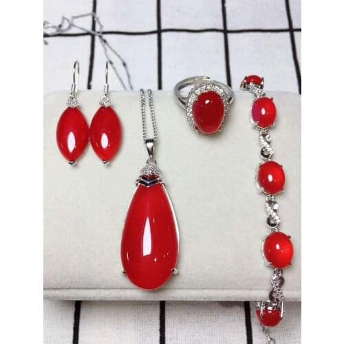 C40#925 silver inlaid natural chalcedony set, the jade face is clean and translucent