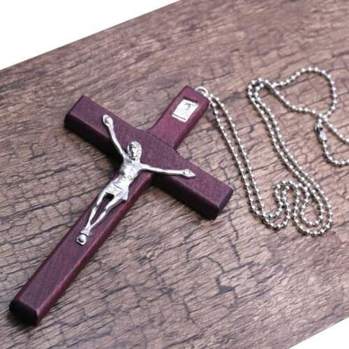 Wooden Religious Jesus Cross Necklace Christian Crucifix Pendent Chain Jewelry