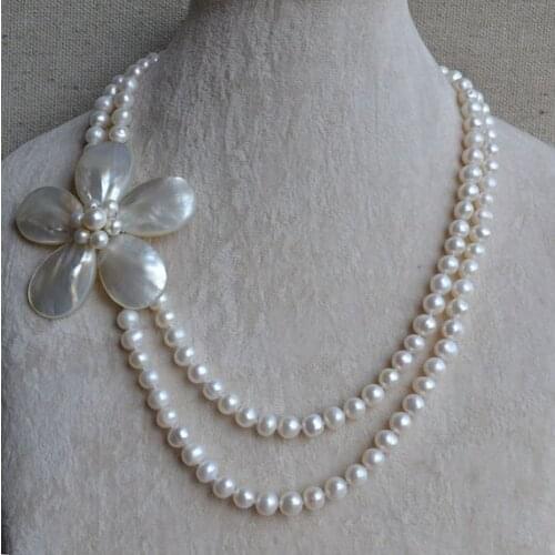 Wedding Pearl Necklace 2 Rows 7-8mm White Genuine Freshwater Pearl Flower Necklace Handmade Fashion Jewelry Charming Women Gift