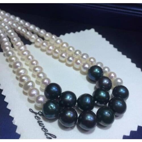 Double strands natural AAA 7-12mm white black pearl necklace 18-19" Yellow clasp