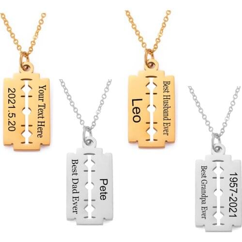 Personalize Stainless Steel Hip Hop Razor Blade Shaped Dog Tag Memorial Engraved Charm Tag Pendant Necklace for Family Gifts