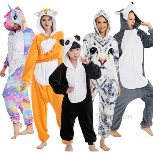 Boy Girl Fox Unicorn Pajamas Onesie Kids Kigurumi Anime Panda Pijamas Winter Warm Women Nightie Unicornio Sleepwear Overalls