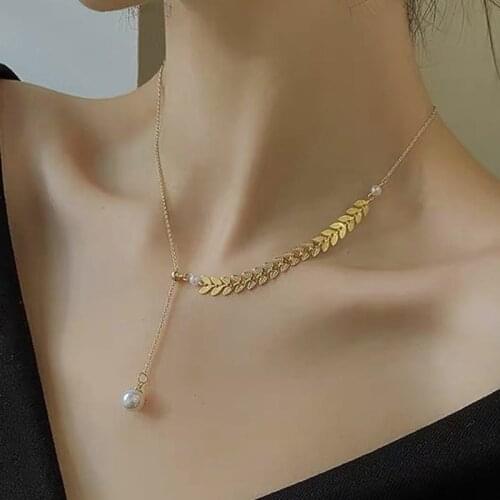 Simple and stylish Y-shaped wheat ear pearl necklace Set ladies necklace long European and American fan necklace AAA