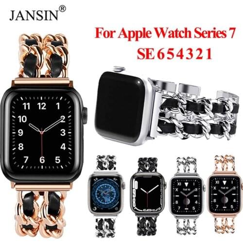 Strap For Apple Watch 6 5 4 3 Chain Link Leather Bracelet For Apple Watch Band 42mm 44mm 40mm 38mm Stainless Steel iWatch Strap