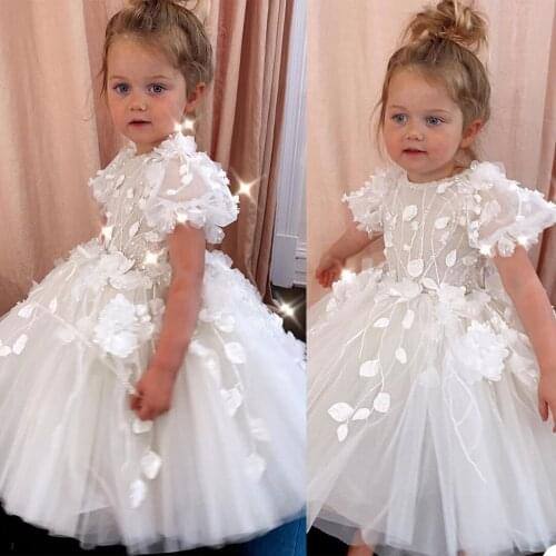 Luxurious White Flower Girl Dresses Beaded Satin Little Princess Dresses O Neck Gown Appliques Floor Length Dresses