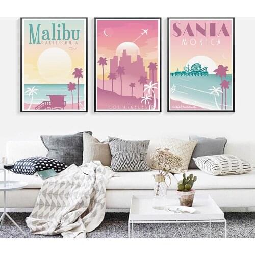 Pink Purple Landscape Travel Poster Beach Santa Monica Pier California Home Colorful Retro Wall Art Canvas Painting Home Picture