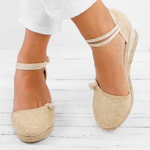 Women Ladies Straw Hemp Rope Sandals Retro Linen Canvas Wedge Round Toe Casual Sandals Singles Shoes Elegant Closed Toe Sandal