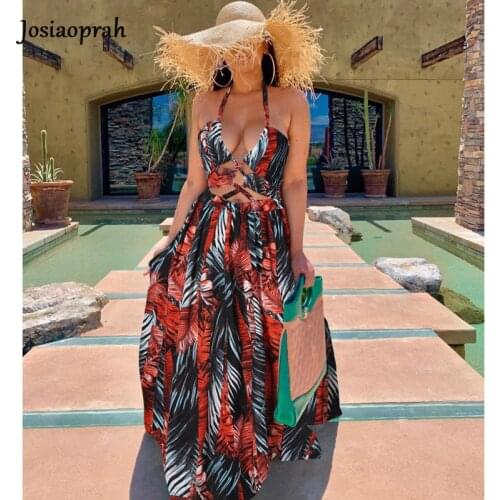 Josiaoprah Print Sexy Dress Fashion Hollow Out Tie up Side Split Maxi Dresses for Women Party Clothes Casual Street Wear 2021
