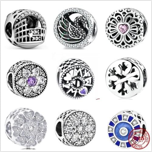 925 Sterling Silver Beadle Charm Shiny Swan Snow Blue Eyes fit the Original Pandora Charm Silver 925 Bracelet DIY Jewelry