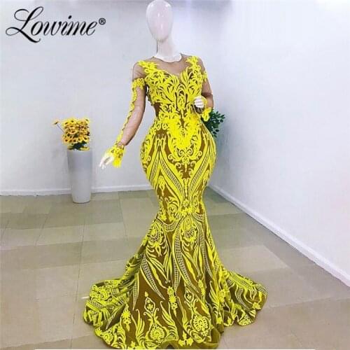 Yellow Sequins Mermaid Evening Dresses 2021 Custom Made Elegant Plus Size Celebrity Gown Dubai Long Sleeves Prom Party Dress