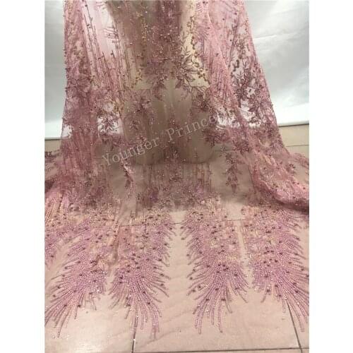 Top quality african mesh lace fabric YG-360 embroidered tulle lace with stones and pearls