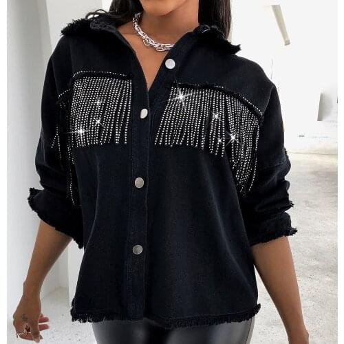 Europe America Womens Solid Color Cowboy Blouse Single-breasted Lapel Tassel Sleeve Fashion Trend Design Casual Autumn 2021