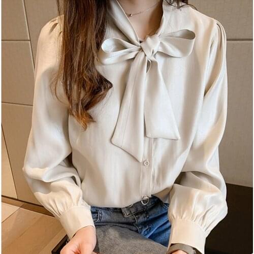 Korean Chic Women Solid Shirt Office Ladies Casual Bow Neck Tops And Shirts Female Long Sleeves Blouses Chic