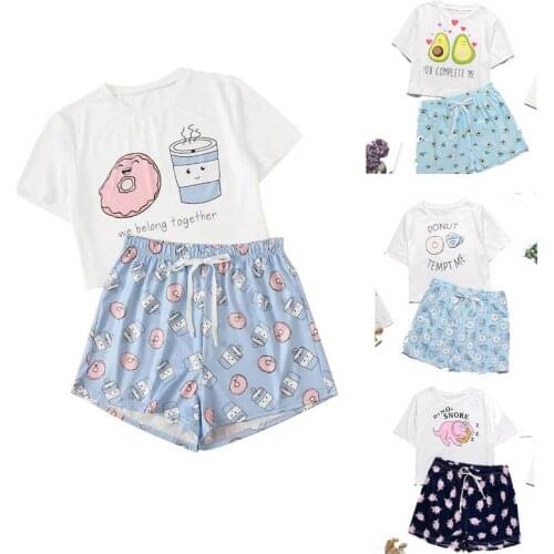 Women Pajamas Cute Sleepwear 2 Pieces Set Shirt+Shorts Pajamas Set Print Nightwear Cartoon Lingerie Pyjamas Casual Homewear