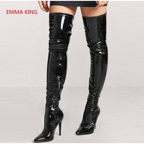 Patent Leather Runway Women Over The Knee Boots Pointed Toe Sexy Party Thin High Heels Shoes Winter New Black Thigh High Boots