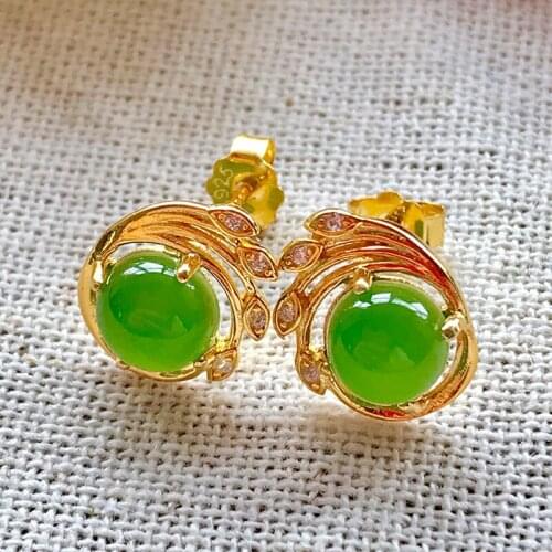 S925 Sterling Silver Inlaid Natural Hetian Jade Jasper 6mm Semicircular Earrings Womens Earrings