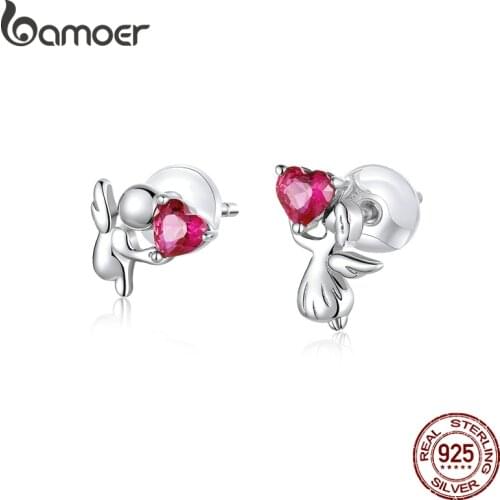 Bamoer Genuine 925 Sterling Silver Angel with Heart Stud Earrings for Women Safe Silicone Earplugs Anti-allergy Jewelry BSE367