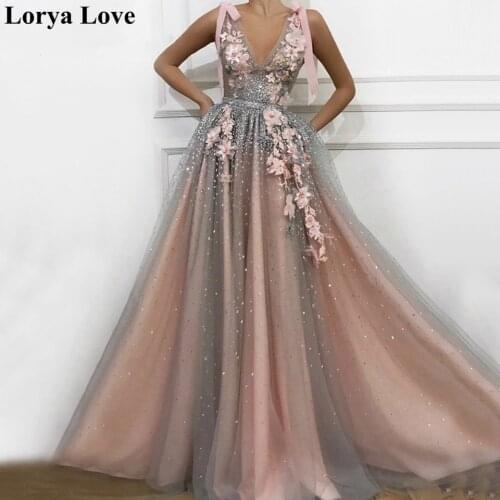 Pink Gray Tulle Maxi Sequin Prom Dresses 2021 Women Elegant Party Flowers Sequin Long Vestidos Gala Sexy Robes Evening Dress