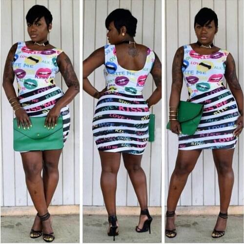 S-XL WomenSummer Casual Stripe Mini Dress Slim Lips Print T-Shirt Dress