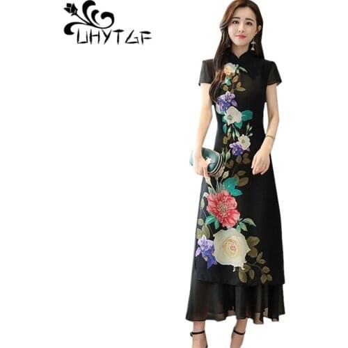 UHYTGF New spring summer dresses women black print Retro cheongsam Long dress Chinese style Slim women dress Plus size dresses80