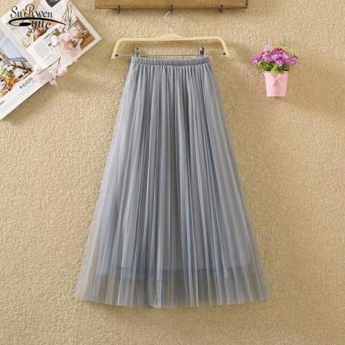 2021 Summer New Solid Tulle Skirt Elegant Sweet Fairy Pleated Women Skirt Elastic Thin Apricot Gray Pink Black Long Skirts 9585