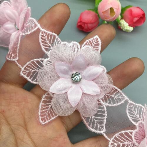 20X Vintage Pink Beaded Rhinestones Embroidered Flower Lace Trim Floral Applique Patches Fabric Sewing Craft Wedding Dress