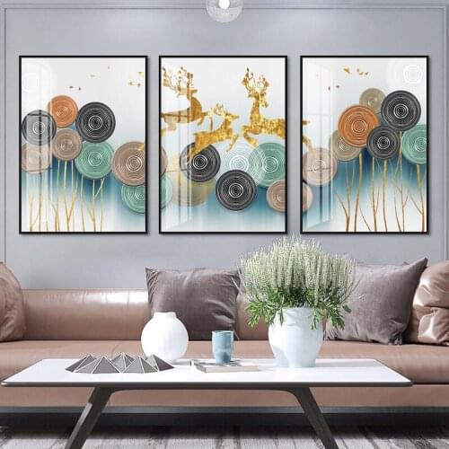 3pcs Abstract Golden Deer Painting Tableaux Poster Blue Print Gold Wall Art Picture For Living Room Modern Cuadros Canvas Art