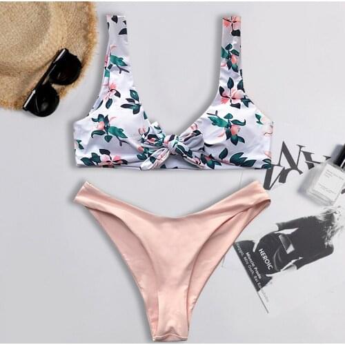 Bikini 2020 Flower Print Sexy Swimwear Middle Waist Tie Swimsuit Mujer Backless Push Up Bikini Set Female Plus Size Bathing Suit
