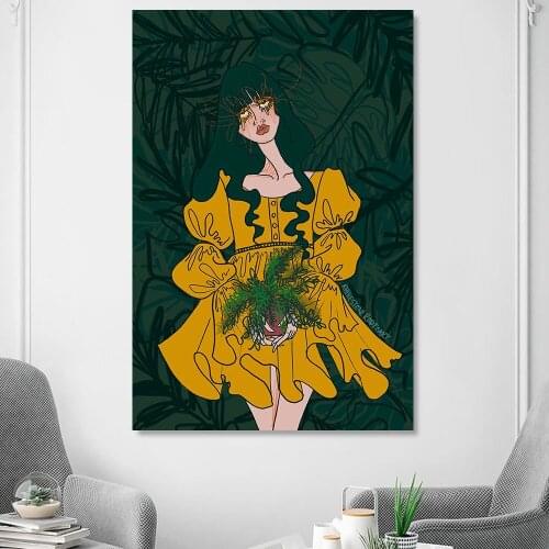 Plant Crazy Lady Large Art Poster Green Yellow 60s 70s Inspiration Cottagecore Art Wall Canvas Painting Living Room Home Decor