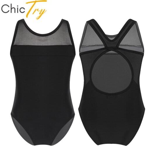 ChicTry New Sleeveless Mesh Splice Cutouts Back Red/Navy Blue/Black Gymnastics Leotards for Girls Ballet Dress Kids Dance Wear