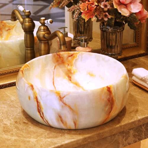 Imitation marble art round ceramic wash basin waist drum bathroom sinks