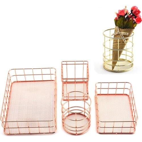 Multipurpose Sundries Toy Storage Box Desktop Decor Stationery Makeup Organizer Nordic Style Rose Gold Metal Storage Baskets