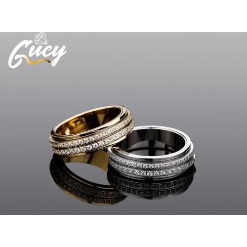 GUCY 2 Row Round Wedding Rings For Men Women Band Ring Fashion Bling Bling CZ Paved Hip Hop Stainless Steel Jewelry