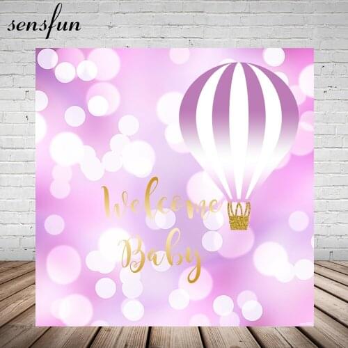 Sensfun Pink Baby Shower Photography Backgrounds Bokeh Hot Air Balloons Welcome Baby Party Backdrops Custom Vinyl