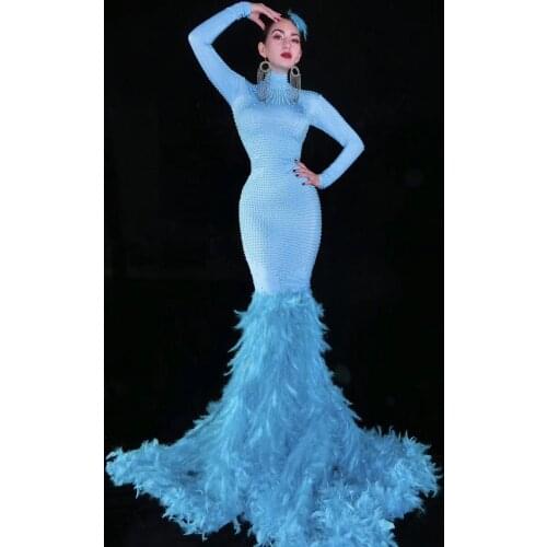 Blue Pearls Long Train Feather Dress Women Singer Dancer Outfit Bar Birthday Celebrate Dress Stage Prom Evening Dress