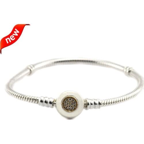 Compatible with European Jewelry Momemts Two Tone Signature Clasp Bracelet with 14k Real Goden 925 Sterling Silver Jewelry