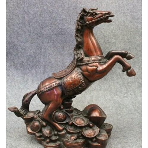 Xd 001558 10" Folk Chinese Year Zodiac Bronze Wealth Jump Up Horse On YuanBao Coin Statue