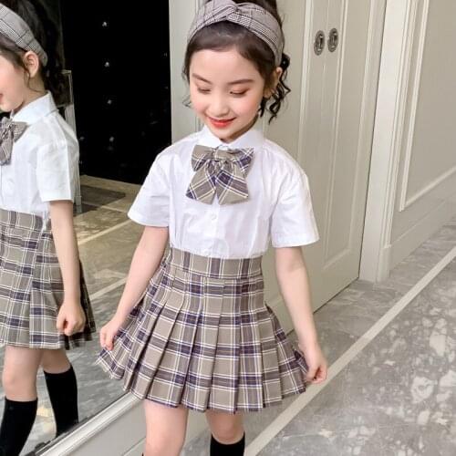 Girl Student High Waist Pleated Stitching Skirts Children Sweet Girls Lolita Preppy Plaid Summer Dance Mini Skirt+Shirt Stocking