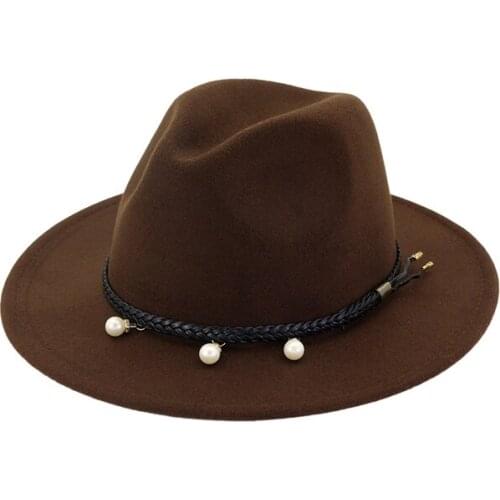 Women Men Winter Hat British Style Wool Felt Fedora Hat with Pearl Band Solid Wide Brim All-match Jazz Trilby Hats GH-458
