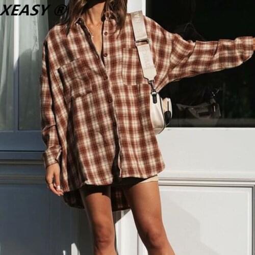 XEASY 2021 Women Autumn Fashion Dark Red Checked Shirt Vintage Single-Breasted Pocket Loose Blouse Female Casual Street Top