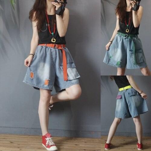 New Denim Shorts Women Summer Casual Washed Bleached Ripped Loose Pocket Elastic Waist Sashes Female Wide Leg Hlaf Length Pants