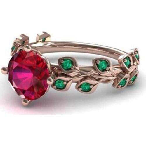 Exquisite Crystal Rhinestones Rings for Women Girl Gift Cute Fashion Red Flower Green Leaf Rose Gold Women Rings Wedding Band