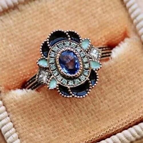 X yan Creative Drip Oil Flower Floral Ring for Women Ladies Inlaid Blue Oval Crystal Rhinestone Party Luxury Jewelry