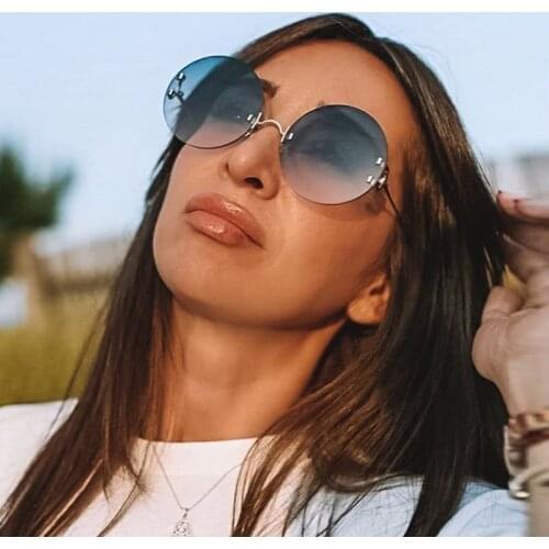 2020 Gradient Round Women Sunglasses Green Pink Shades for Lady Luxury Brand Rimless Sun Glasses For Female Rivet Lens UV400