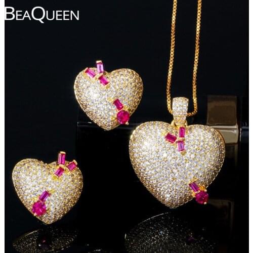 BeaQueen Romantic Women Big Heart Pendant Necklace and Earrings Micro Paved Cubic Zirconia Engagement Party Jewlery Sets JS256