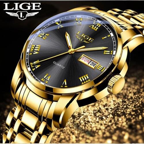 2020 Watches Mens Top Brand Luxury Fashion Quartz Gold Clock LIGE All Steel Men Wristwatch Waterproof Date Week Dial Watch+Box